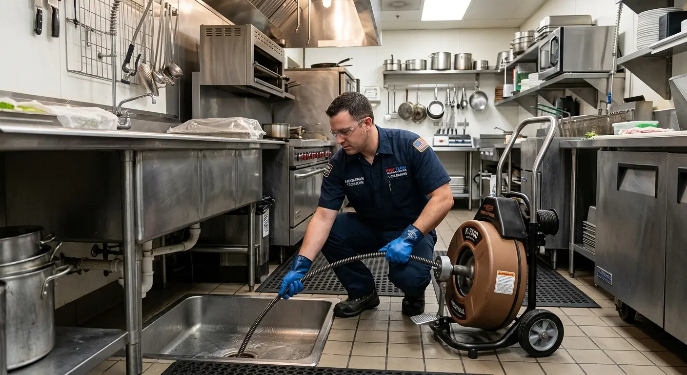 Commercial drain cleaning service in a restaurant kitchen in Athol
