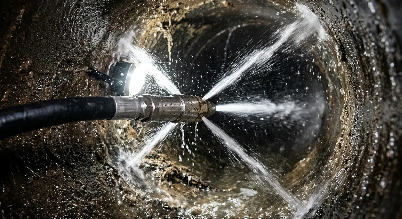 High-pressure hydro jetting nozzle cleaning sewer pipe for Trenchless Sewer Repair in Athol