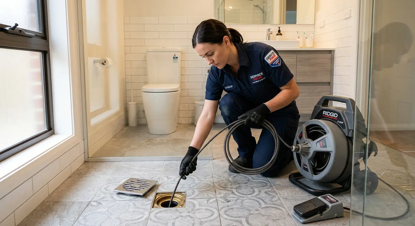 Technician clearing a bathroom floor drain for Drain Repair in Athol